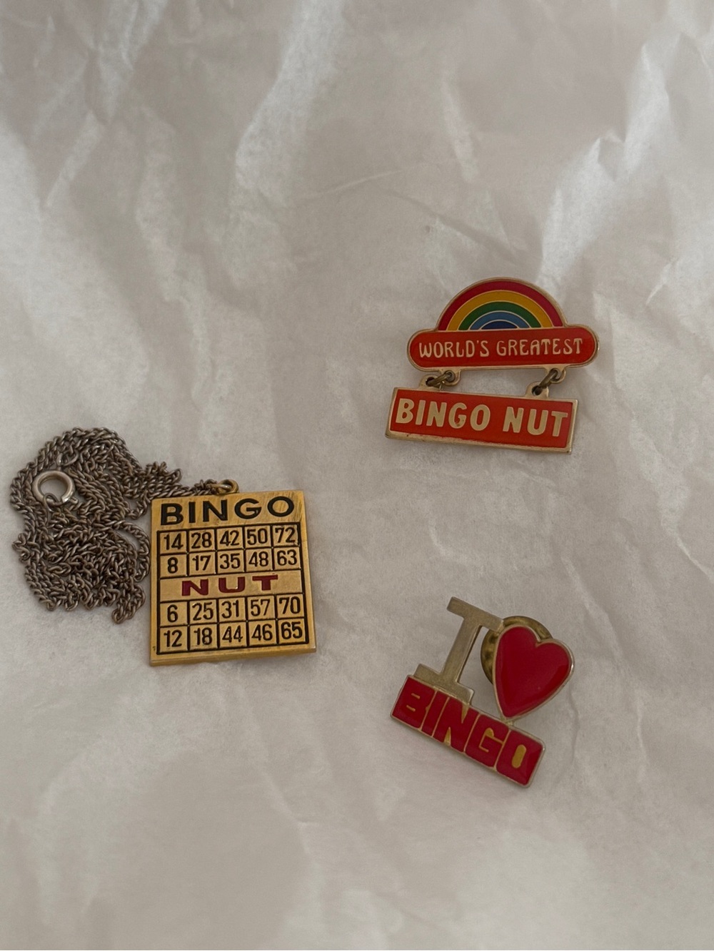 Set of 3 Vintage‎ Bingo Jewelry Pieces Necklace and Brooches I Love Bingo Nut